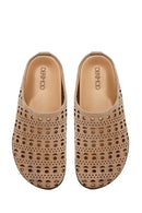Women's Beige Patterned Suede Leather Slippers | Derimod