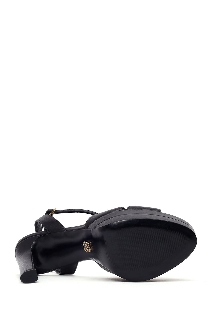 Woman Black Ankle-Strap Buckled Platform High Thick-Heel Leather Sandal