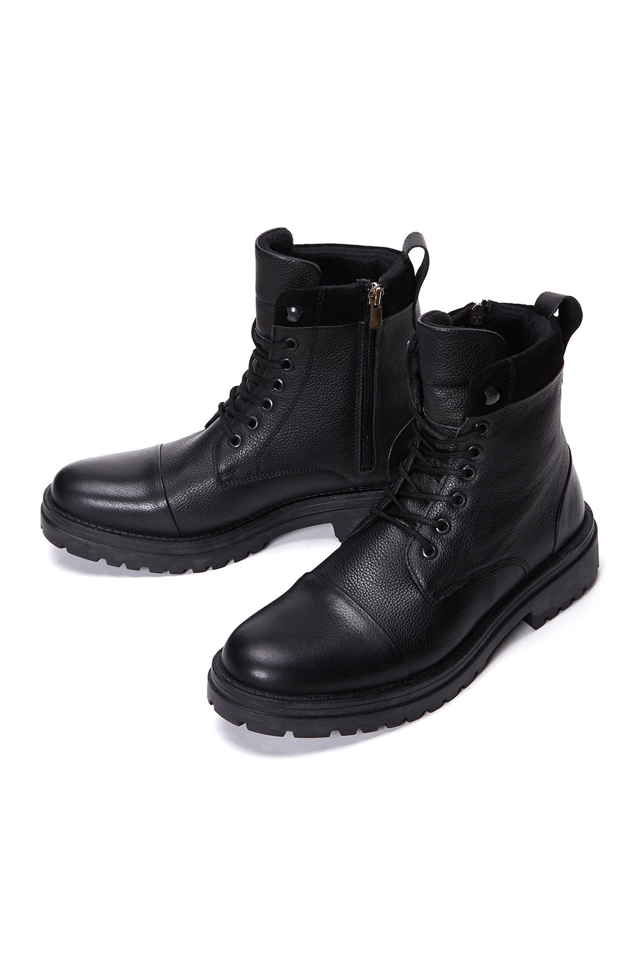 Men's Black Leather Zippered Flat Boots
