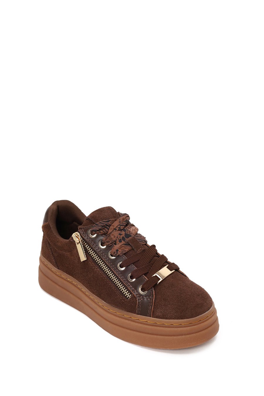 Woman Brown Lace-Up Thick-Soled Suede Leather Sneaker