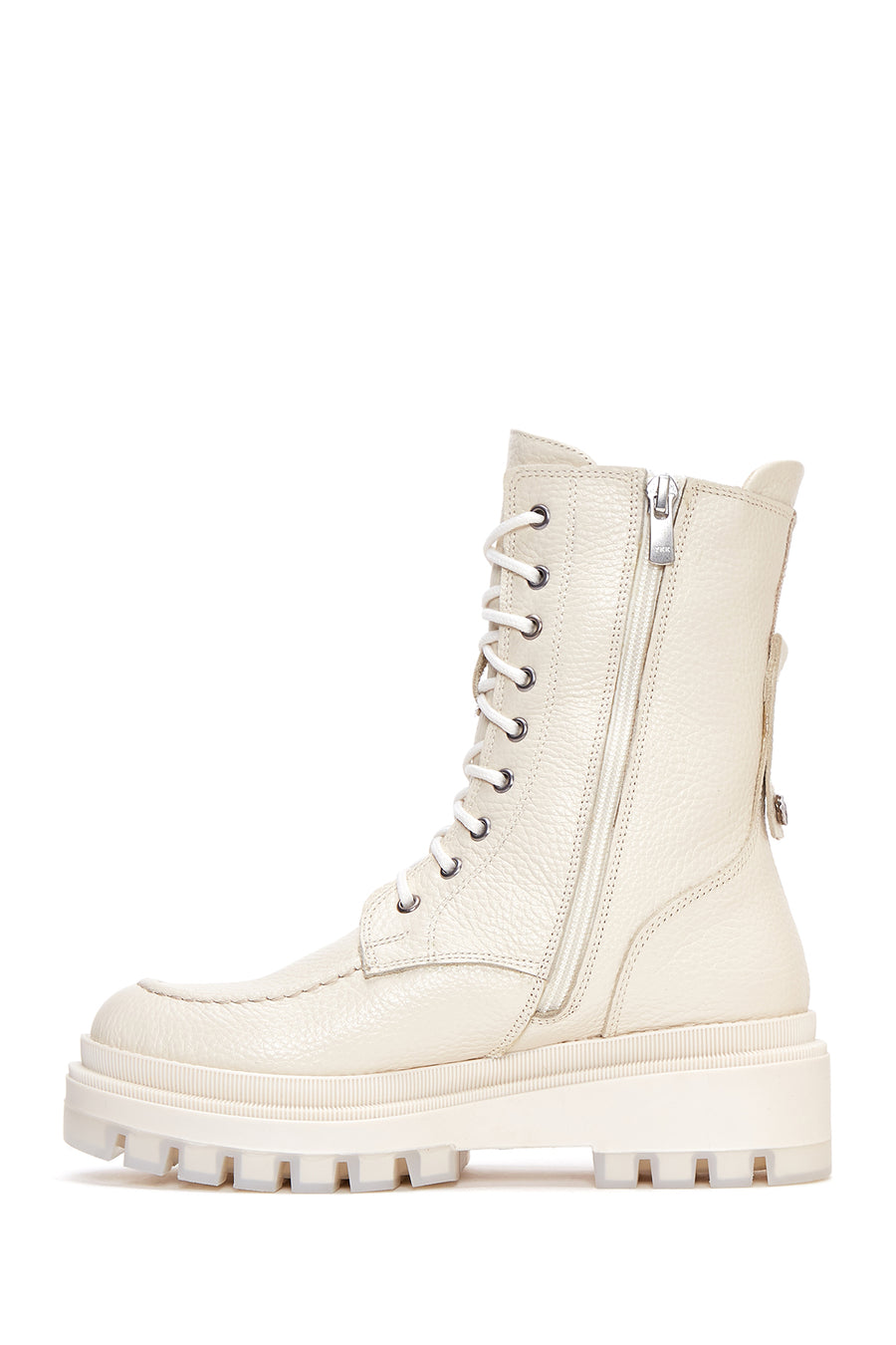 Women's Beige Zippered Leather Combat Boots