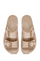 Women's Beige Double Buckled Stoned Slippers | Derimod