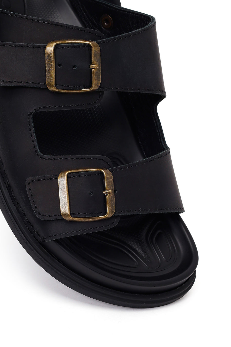 Male Black Double-Buckle Nubuck Leather Sandal