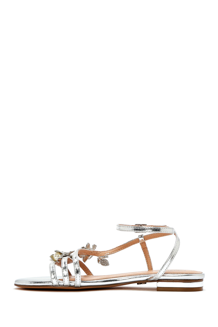 Women's Silver Ankle Buckle Stoned Metallic Sandals