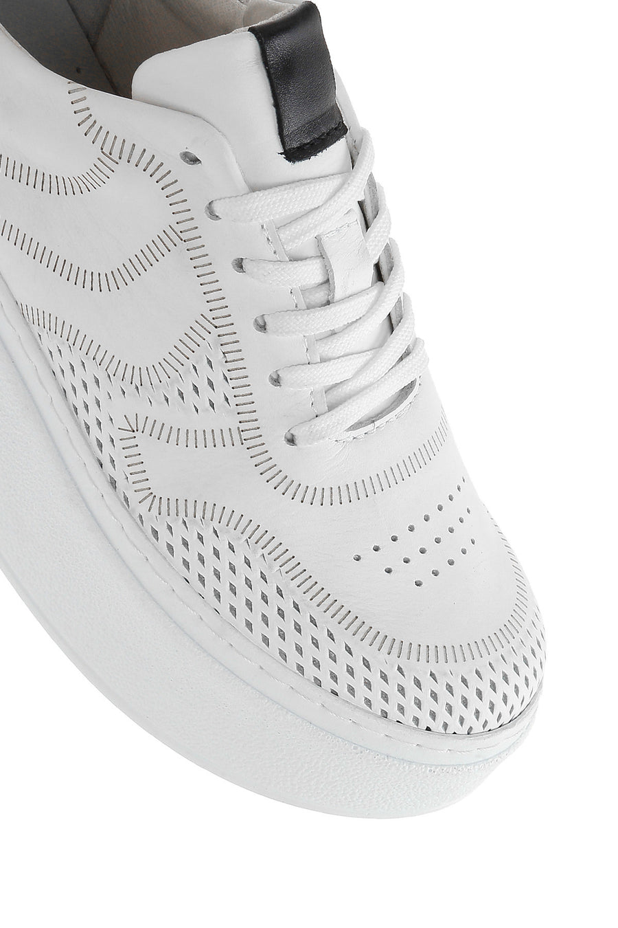 Woman White Laced Thick Sole Leather Sneakers