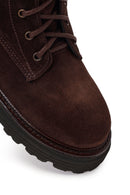 Woman Brown Lace-Up Zip Closure Suede Combat Boots | Derimod