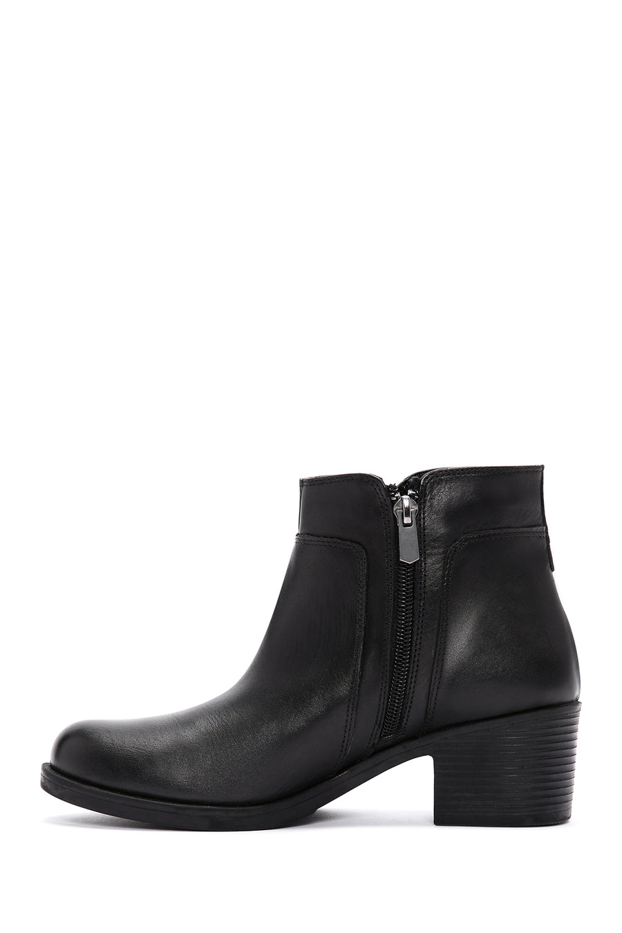 Women's Black Zippered Thick Heeled Leather Boots