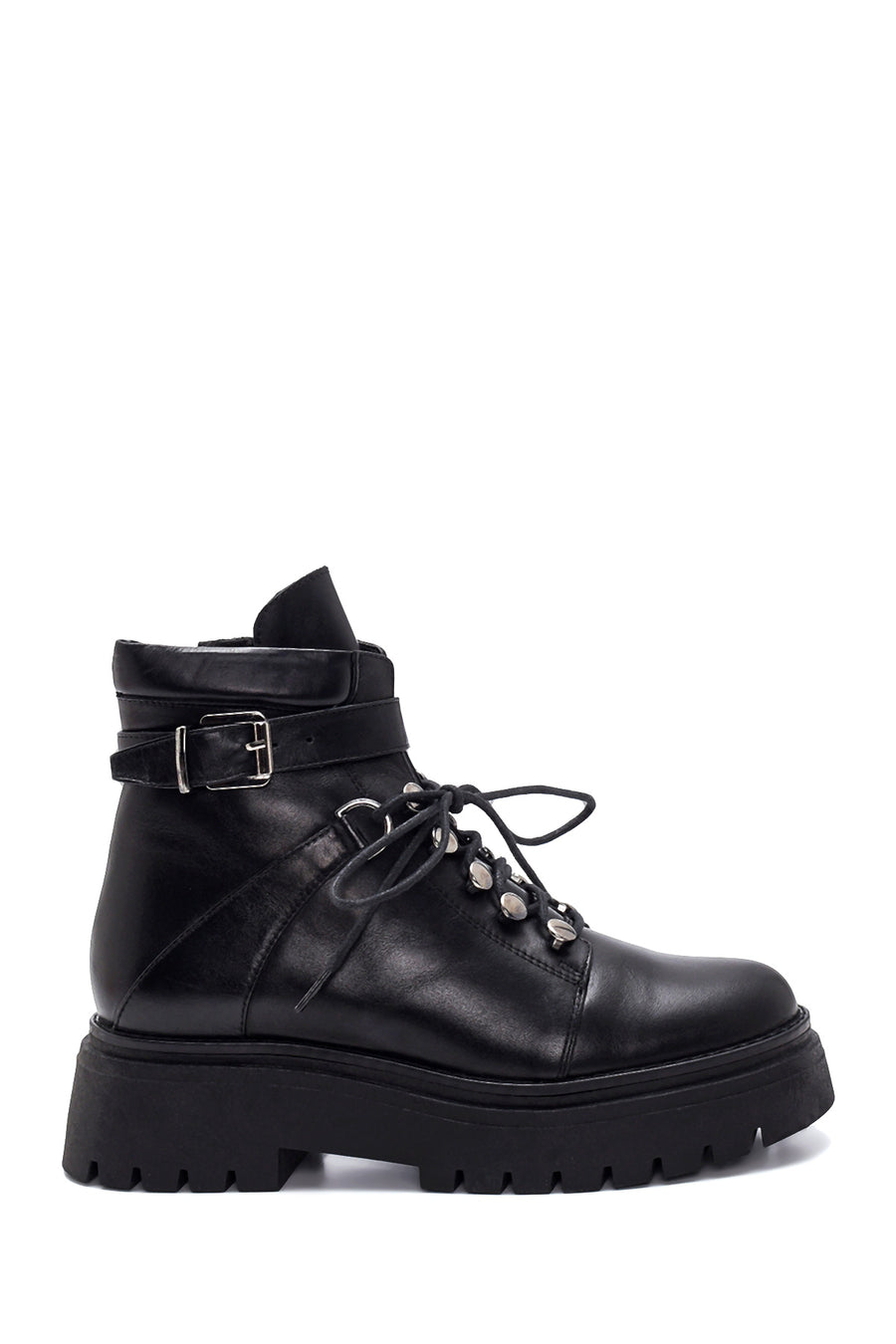 Women's Black Leather Buckle Thick Soled Boots 21WFD161918 | Derimod