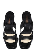 Women's Black Crocodile High Thick Heel Leather Slippers | Derimod