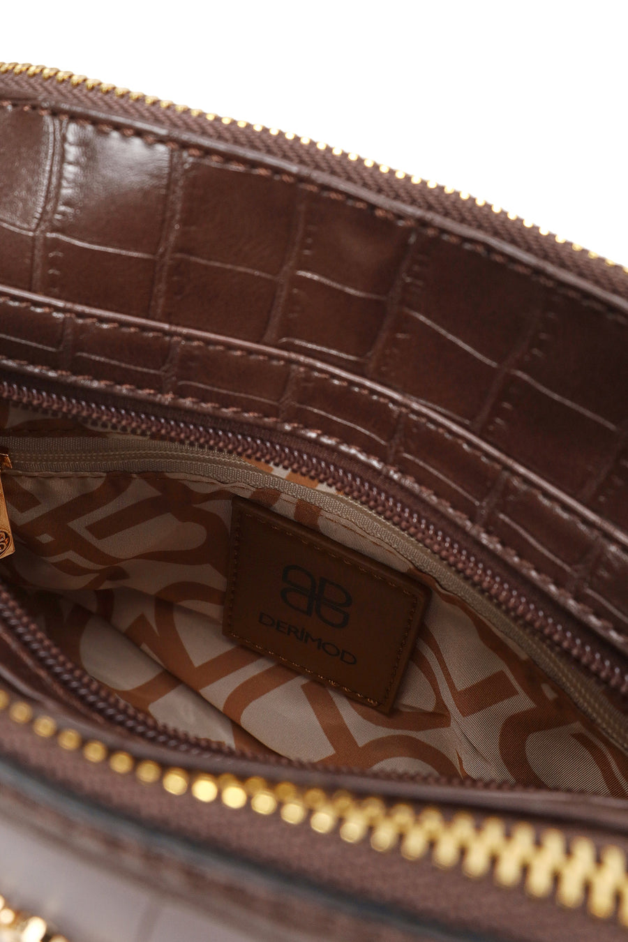 Woman Brown Long-Strap Crocodile Pattern Crossbody Bag