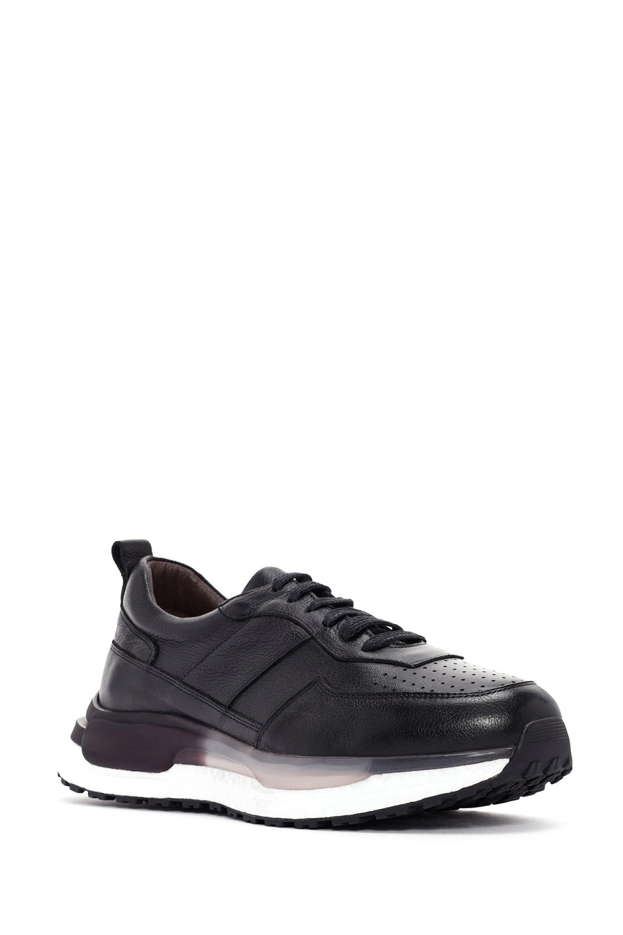 Men's Black Lace-up Thick-Sole Leather Casual Sneaker
