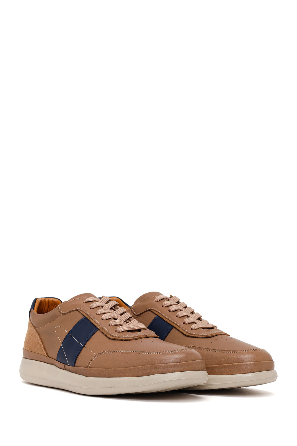Erkek Bej Bağcıklı Deri Casual Sneaker