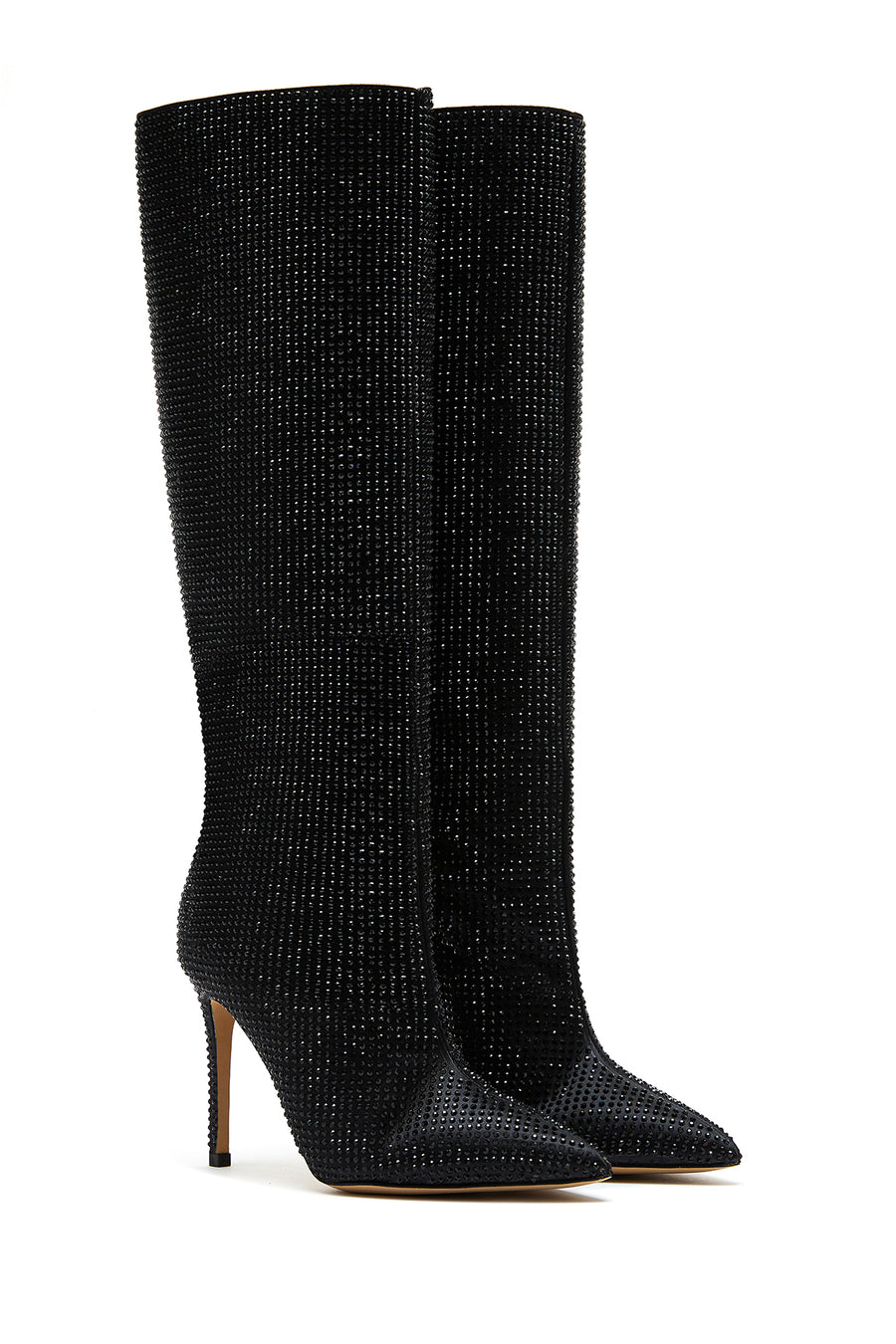 Women's Black Leather Thin Heeled Stone Boots