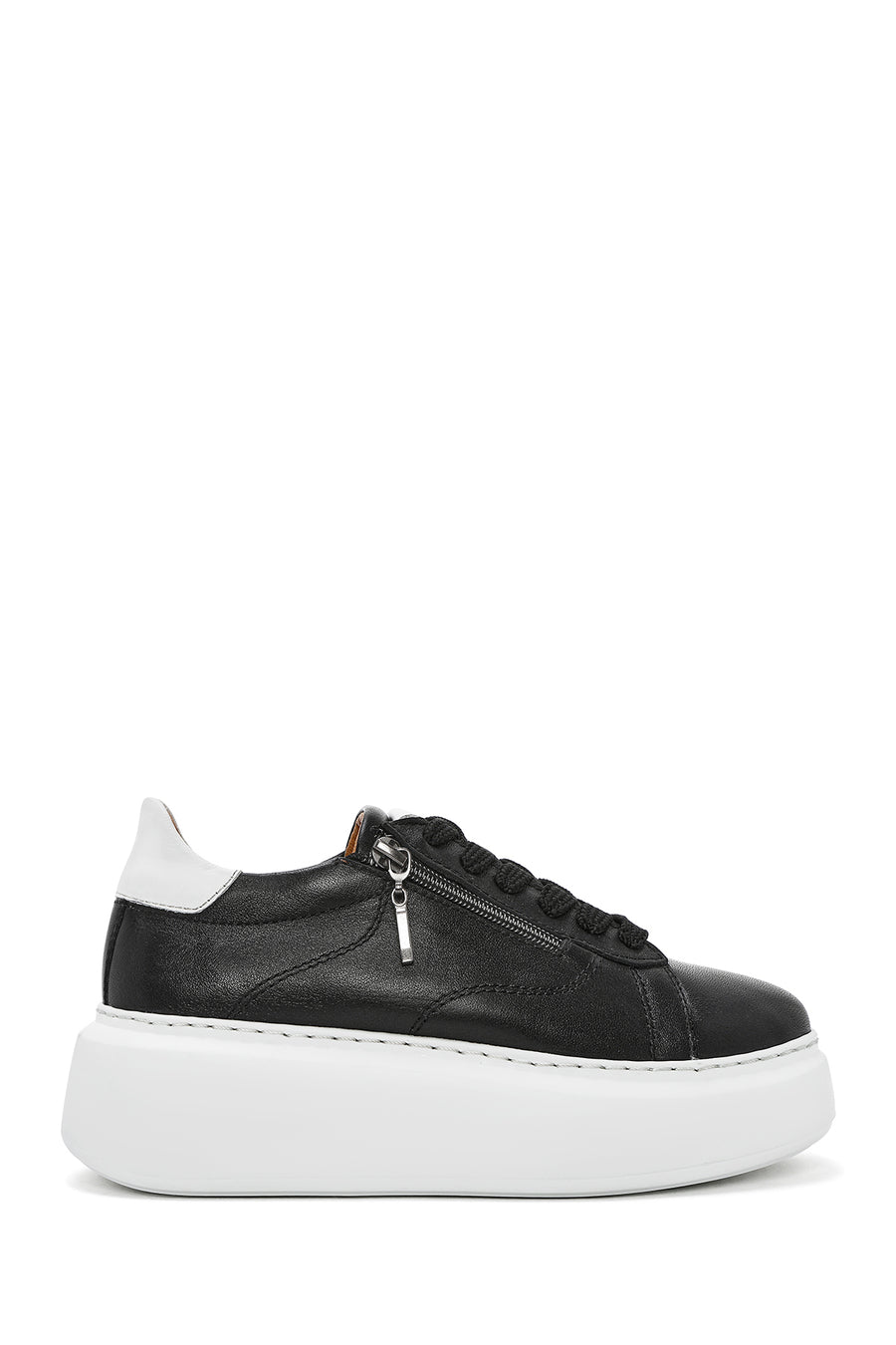 Women's Black Zippered Lace-Up Thick-Sole Leather Sneakers 25SFD511118 | Derimod