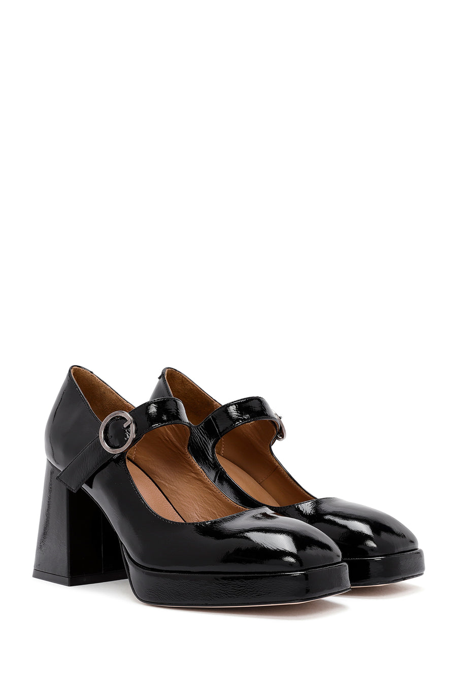 Women's Black Buckled High Thick Heel Leather Mary Jane Shoes