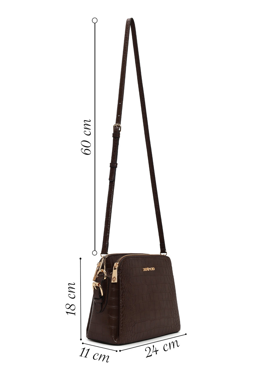 Woman Brown Long-Strap Crocodile Pattern Crossbody Bag