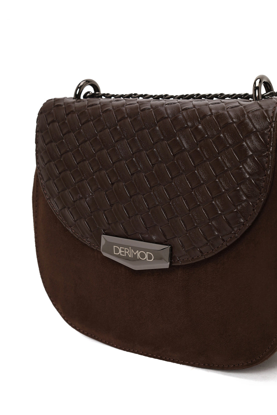 Woman Brown Chain Long-Strap Braided Crossbody Bag