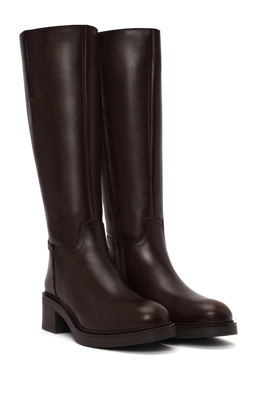Woman Brown Zip Closure Thick-Heeled Leather Boots