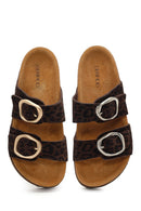 Women's Brown Double Buckle Leopard Print Chunky Sole Suede Leather Slippers | Derimod