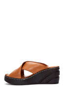 Women's Tan Leather Wedge Heeled Comfort Slippers | Derimod