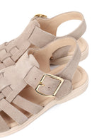 Woman Beige Ankle-Buckle Suede Leather Sandals | Derimod