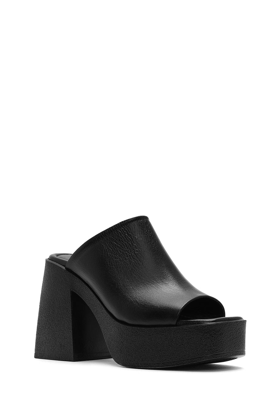 Women's Black Platform Thick High Heel Leather Slippers