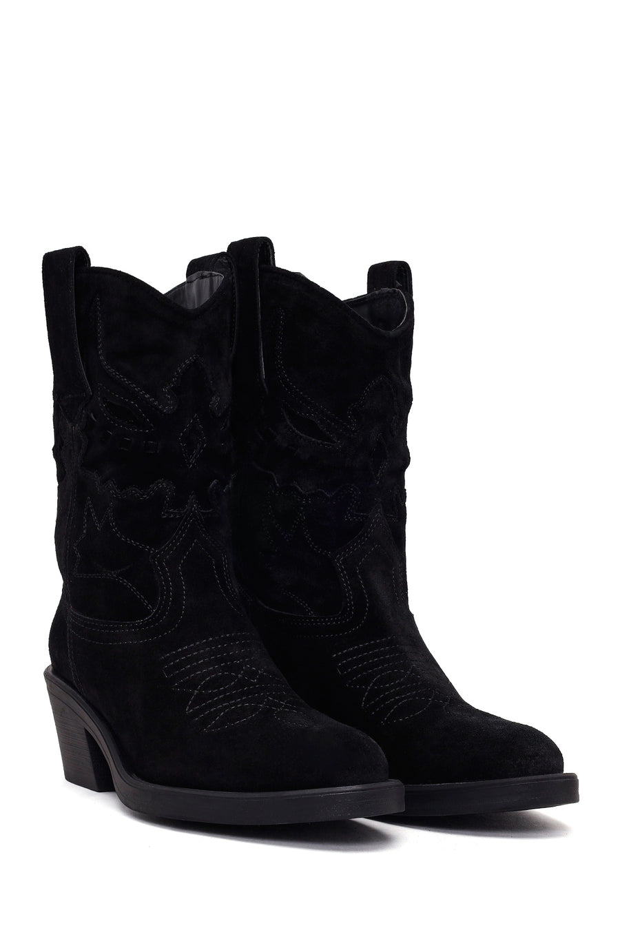 Woman Black Short Chunky-Heel Suede Cowboy Boots