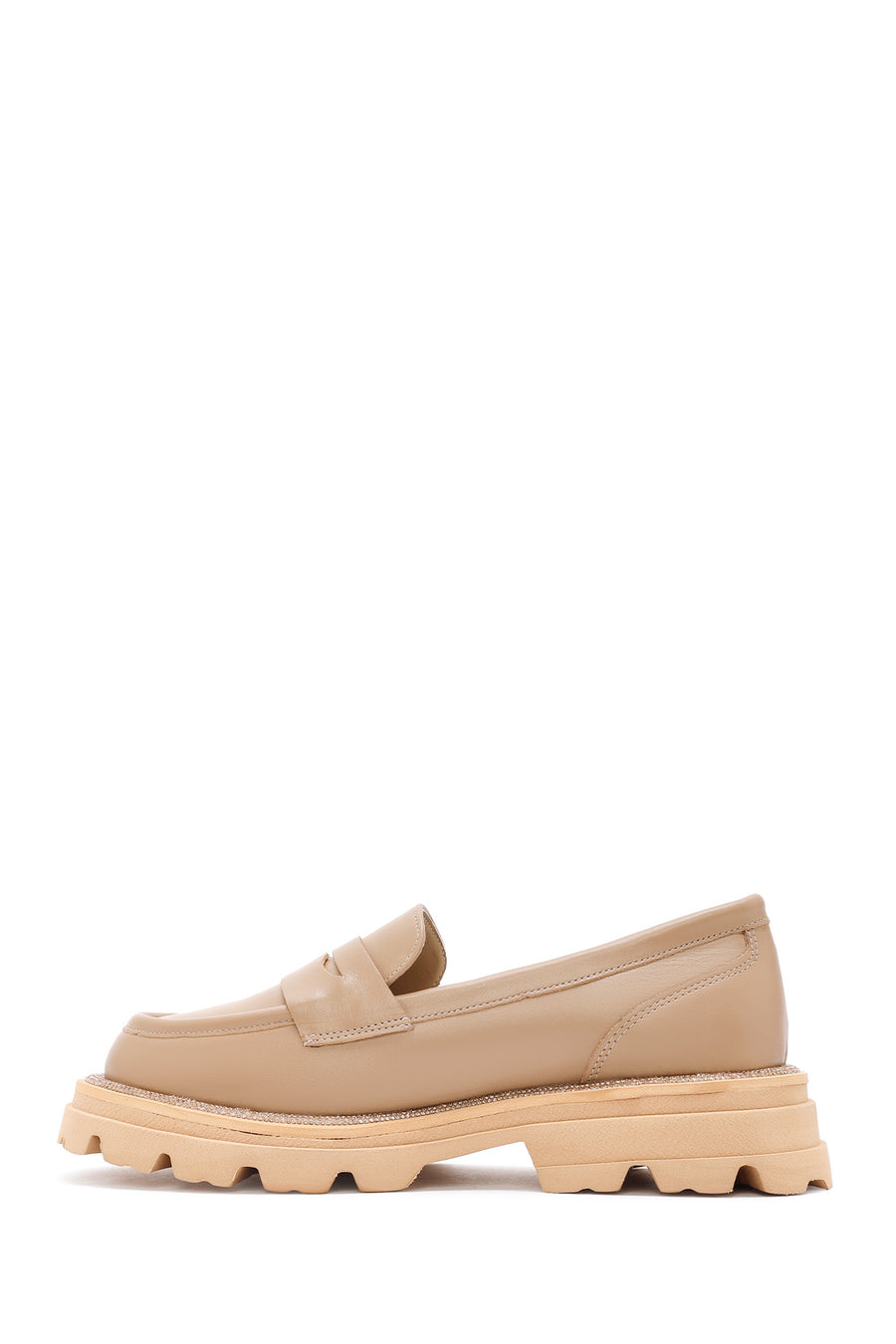 Women's Beige Thick Soled Leather Masculine Loafer