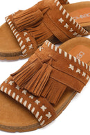 Women's Tan Tassel Suede Leather Slippers | Derimod