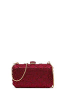Woman Burgundy Long Chain Strap Stone-Embellished Mini Clutch Evening Bag | Derimod