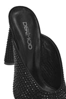 Women's Black Thick High Heeled Stoned Leather Slippers | Derimod