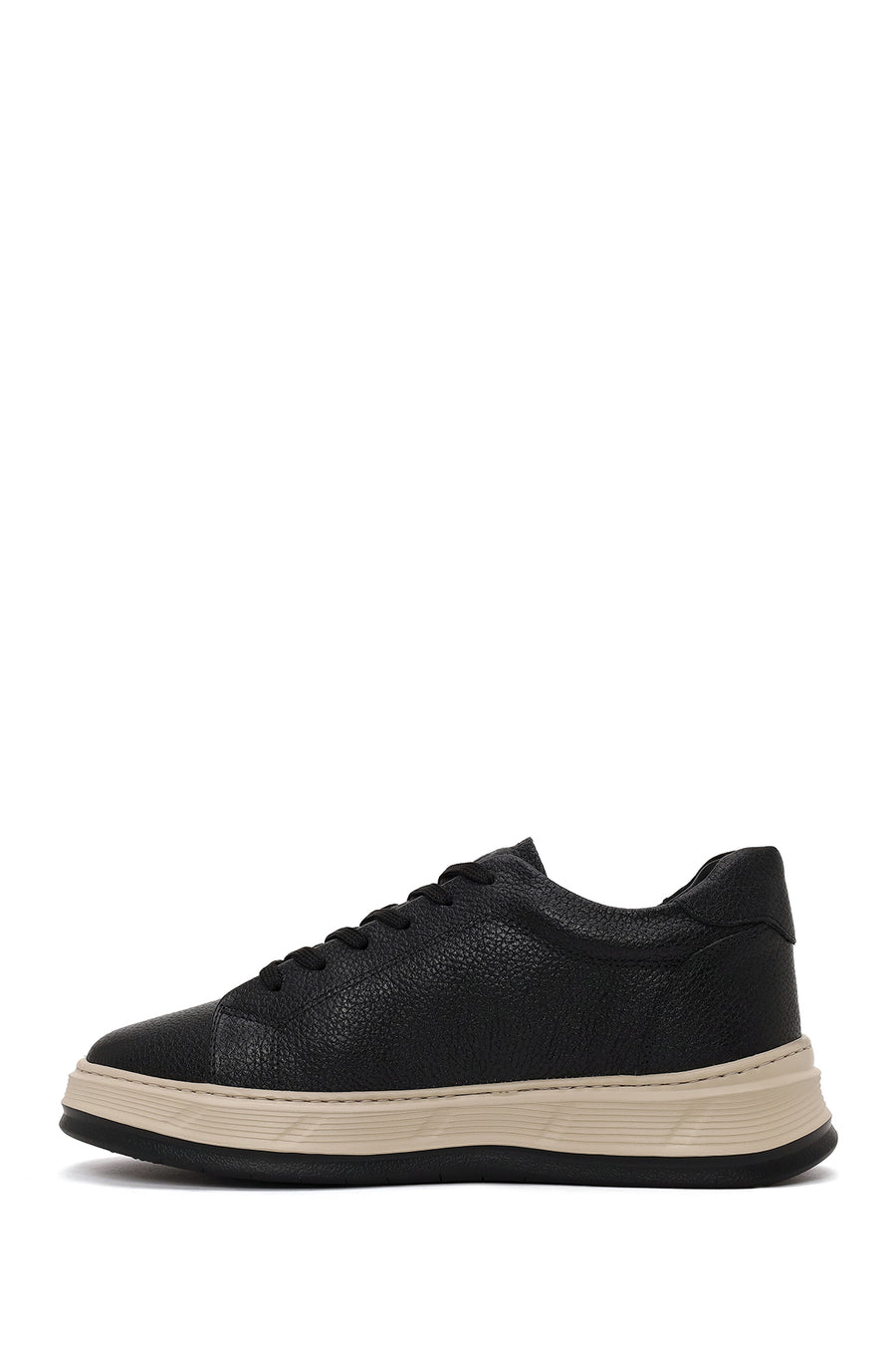 Erkek Siyah Bağcıklı Kalın Tabanlı Deri Sneaker