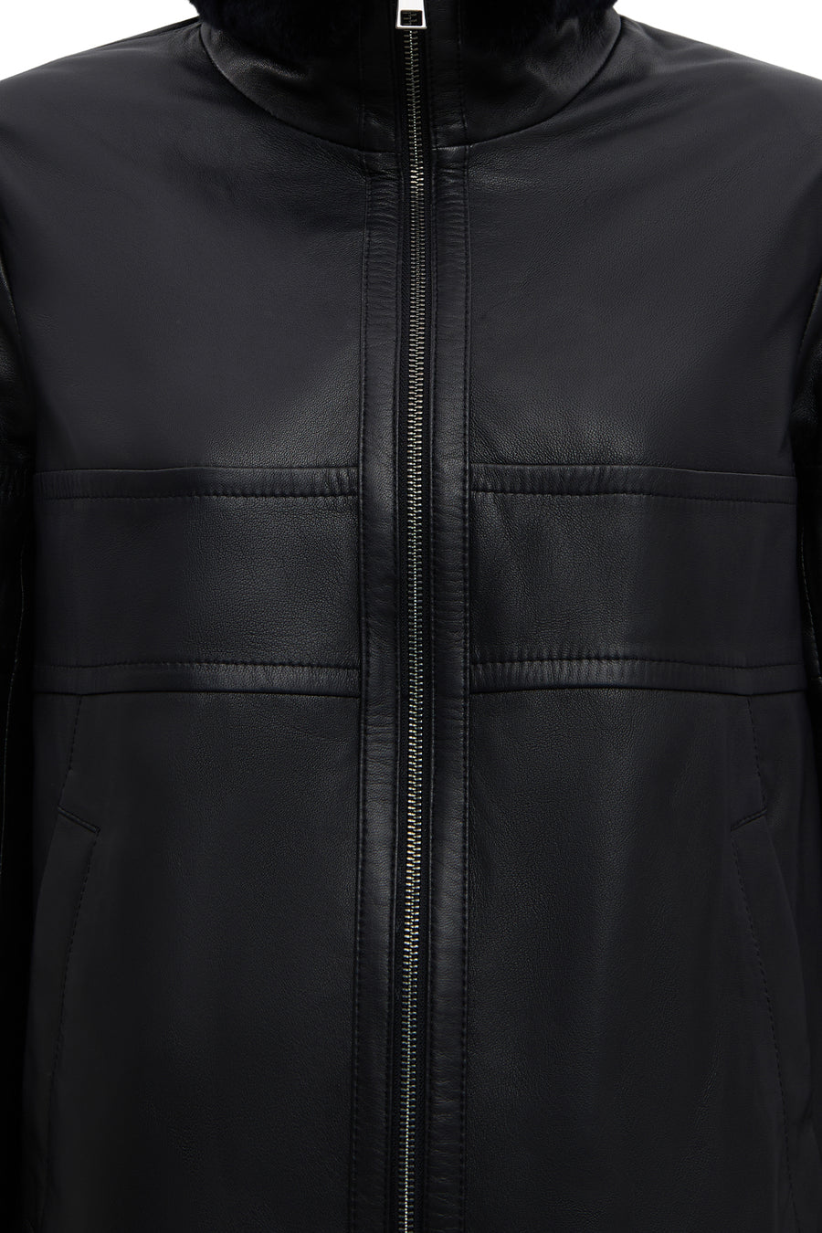 Diana Women's Black Oversize Leather Coat with Fur Collar