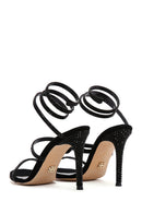 Women's Black Leather Stone Thin Heel Sandals | Derimod
