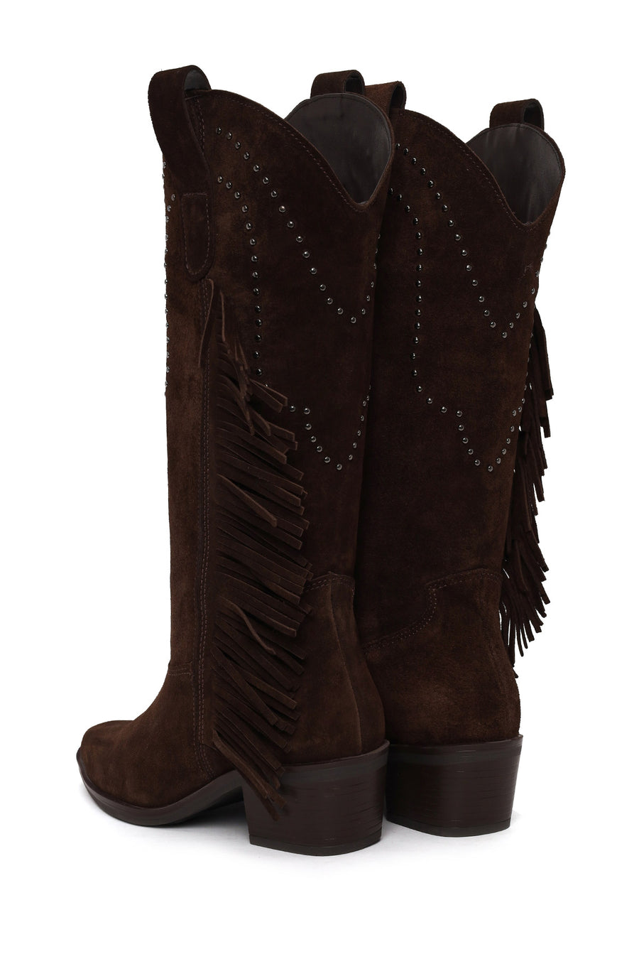 Woman Brown Tassel Chunky-Heeled Suede Leather Cowboy Boots