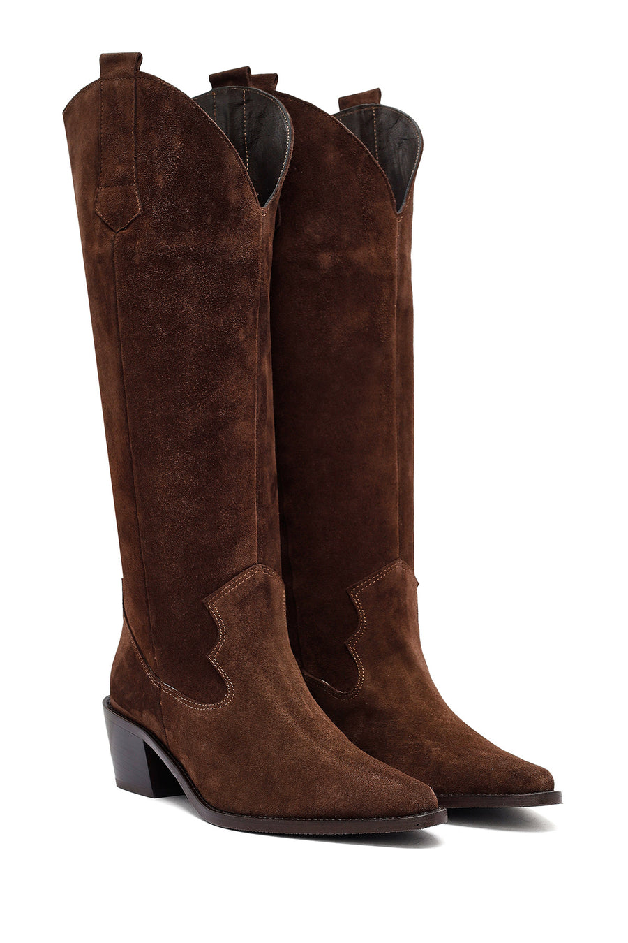 Woman Brown Chunky Heel Suede Leather Cowboy Boots
