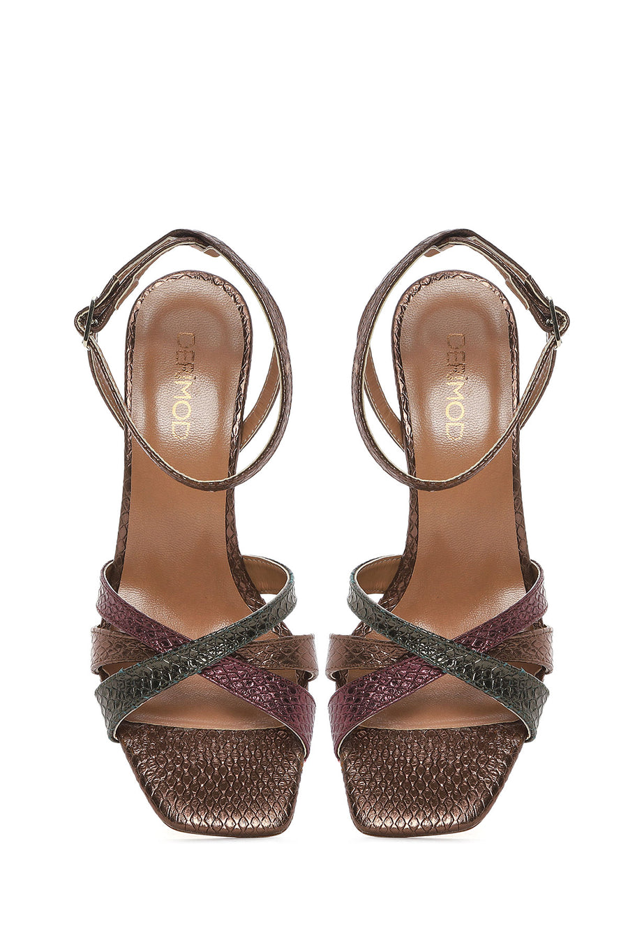 Women's Copper Ankle Strap Thin High Heel Patterned Leather Sandals