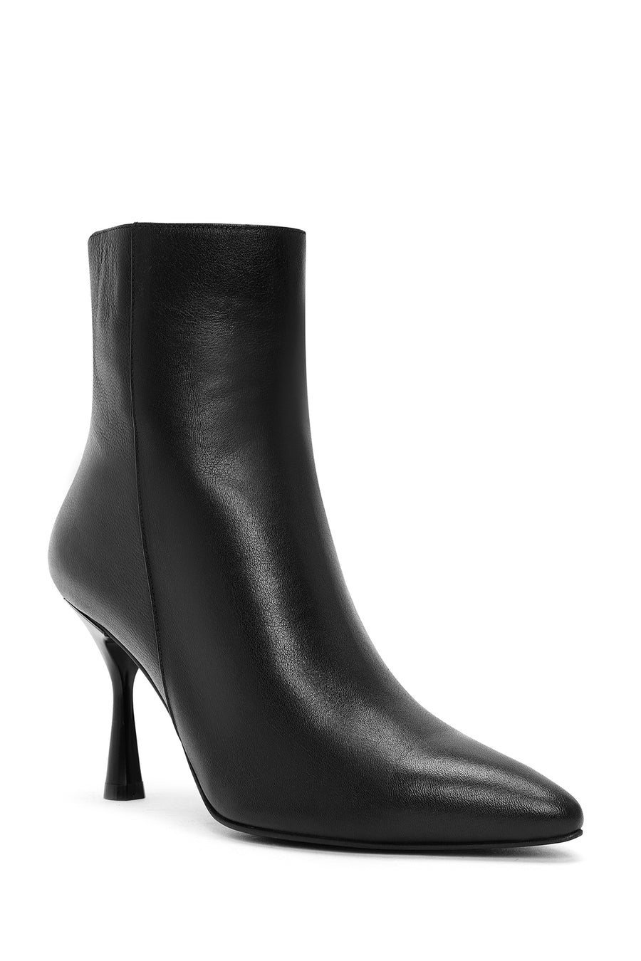 Women's Black Zippered Thin Heeled Leather Boots