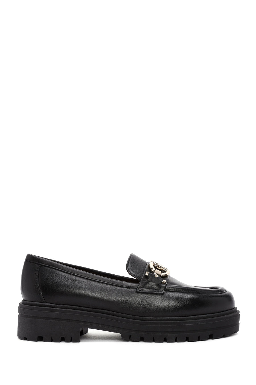 Derimod Gritti Woman Black Buckle-Detail Leather Masculine Loafer AF260000DV | Derimod