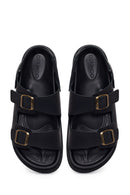 Male Black Double-Buckle Nubuck Leather Sandal | Derimod