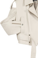 Avanti Woman Beige Off-Shoulder Short Biker Leather Jacket | Derimod