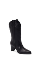 Woman Black Thick-Heeled Leather Cowboy Boots | Derimod