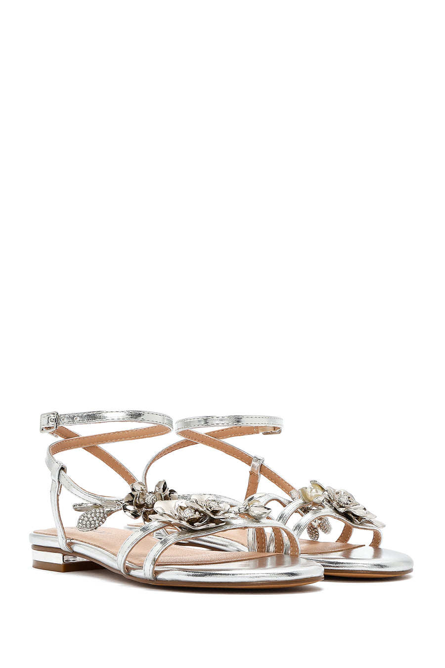 Women's Silver Ankle Buckle Stoned Metallic Sandals