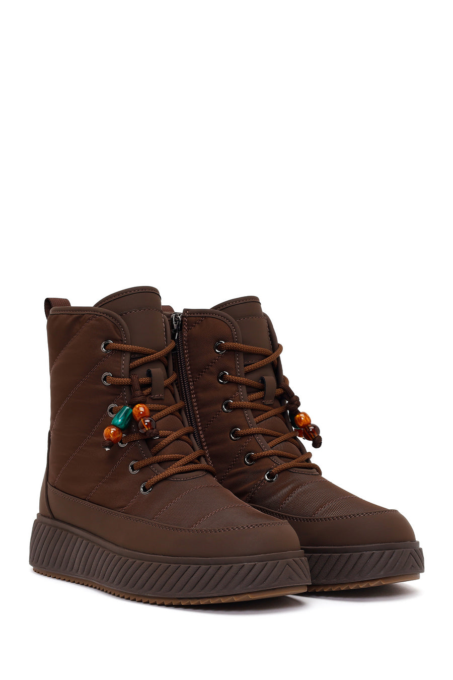 Woman Brown Zip Closure Thick-Soled Charmed Fabric Combat Boots