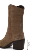 Woman Mink Print Thick-Heeled Suede Cowboy Boots | Derimod