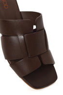 Woman Brown Short Thick-Heeled Leather Slipper | Derimod