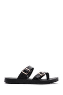 Women's Black Double Buckled Patterned Slippers | Derimod