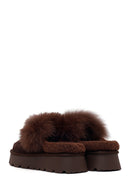 Woman Brown Thick-Soled Plush Suede Teddy Slipper | Derimod