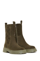 Women's Khaki Suede Leather Zippered Boots | Derimod
