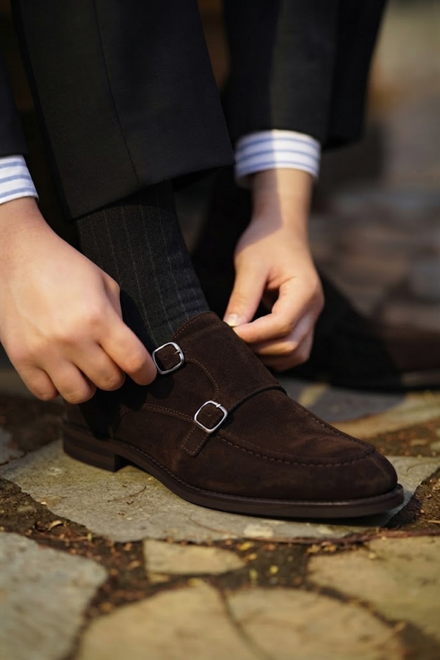 Male Brown Double-Buckle Suede Casual Shoes